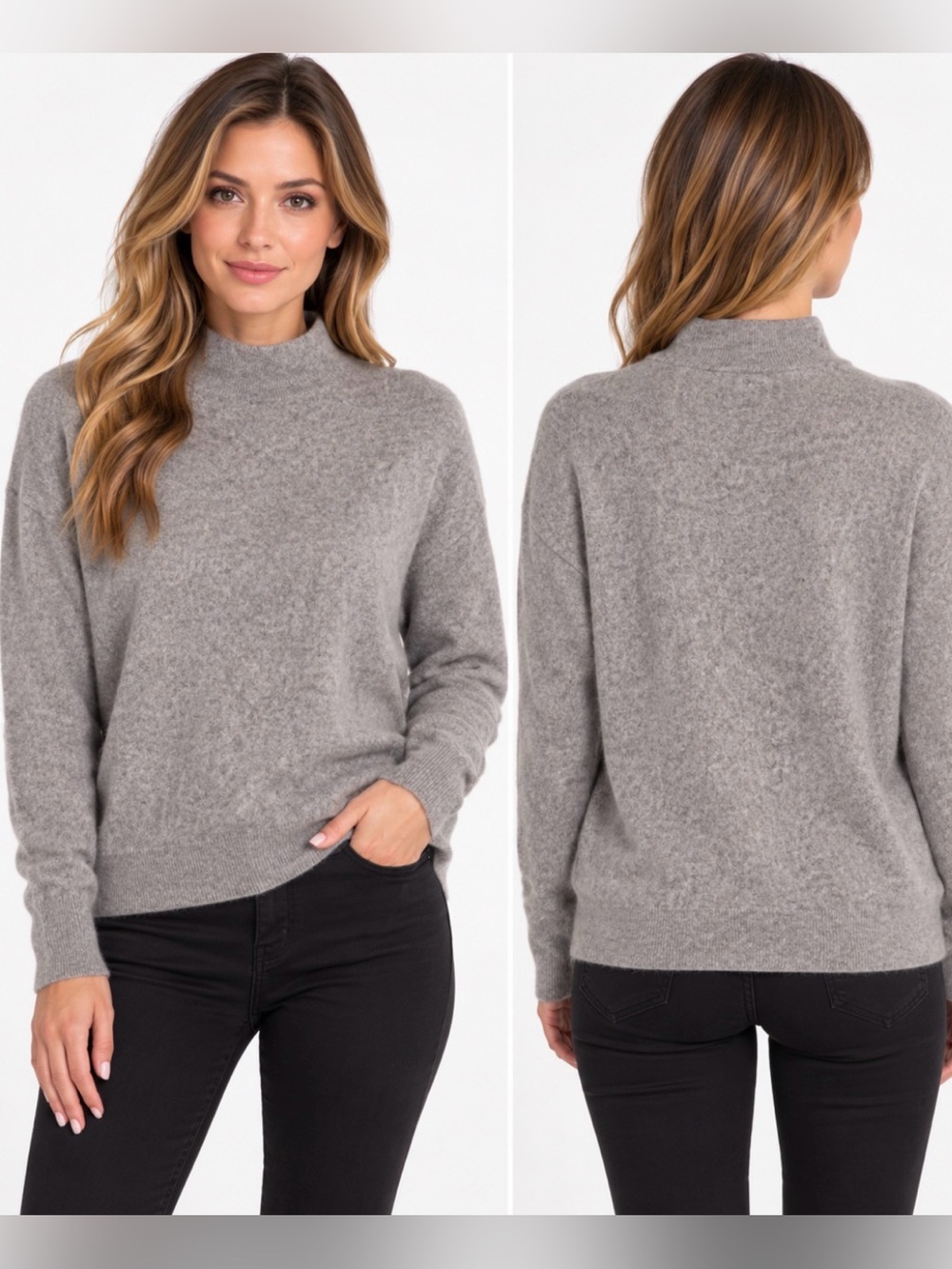 TAHARI 100% 2-Ply Cashmere Mock Neck Sweater Heather Gray XL NWT